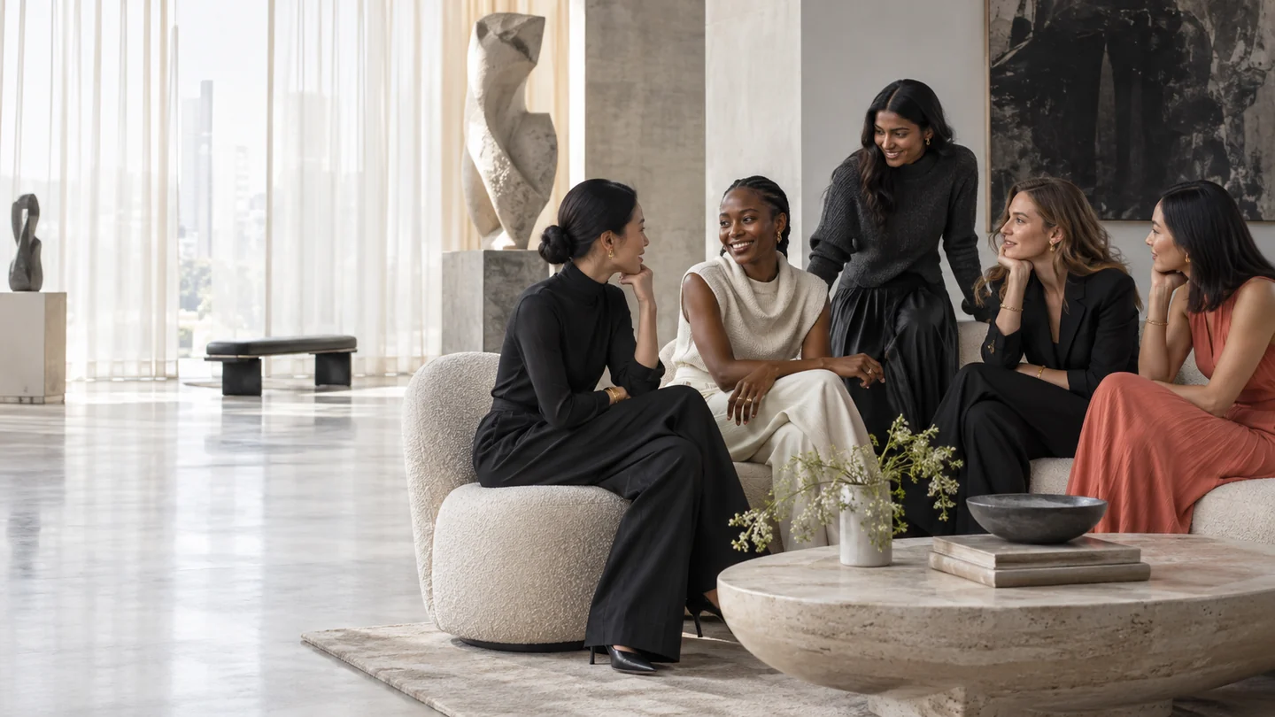 Women sharing a conversation in a contemporary gallery